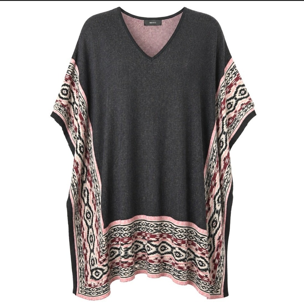 Forever 21 Poncho Sweater Black Pink Southwestern Knit V Neck Boho One Size